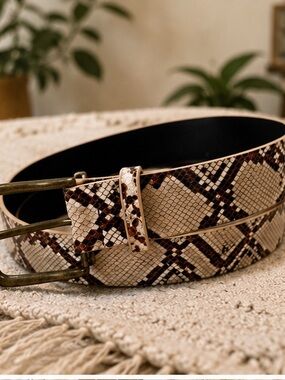 NWT Luxe Cream Snakeskin Print Faux Leather Belt Gold Buckle